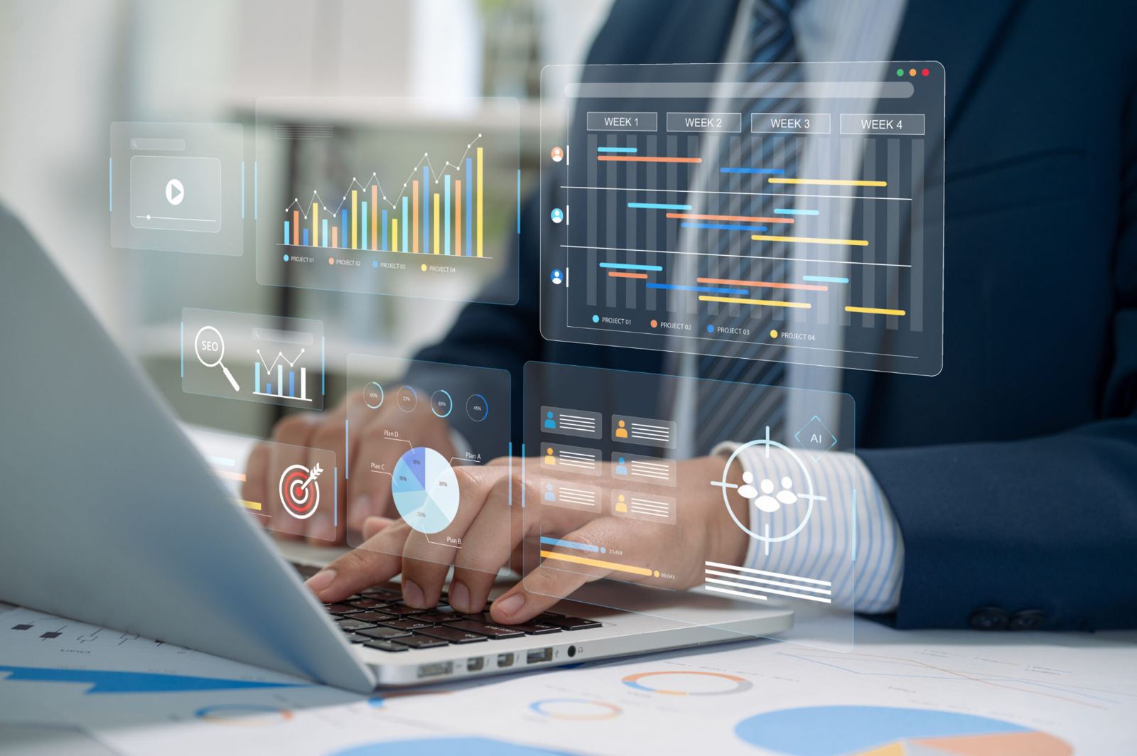 Marketing analytics dashboards with growth charts and campaign metrics