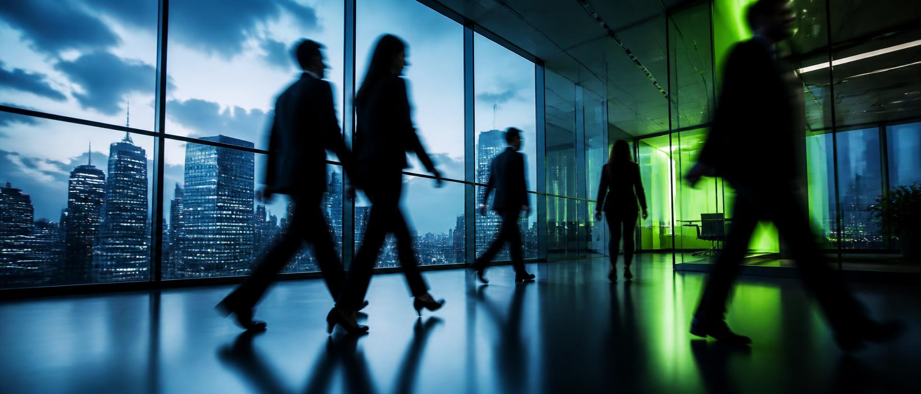 Business professionals in motion against a city skyline
