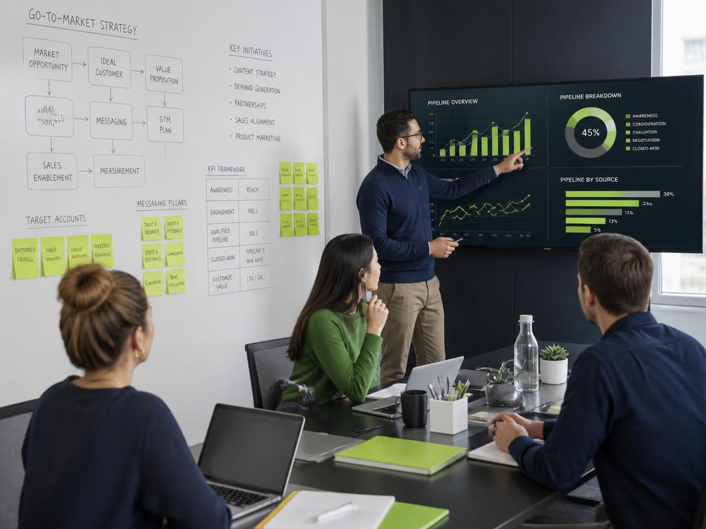 Marketing team reviewing a mortgage go-to-market strategy with dashboards and sticky notes