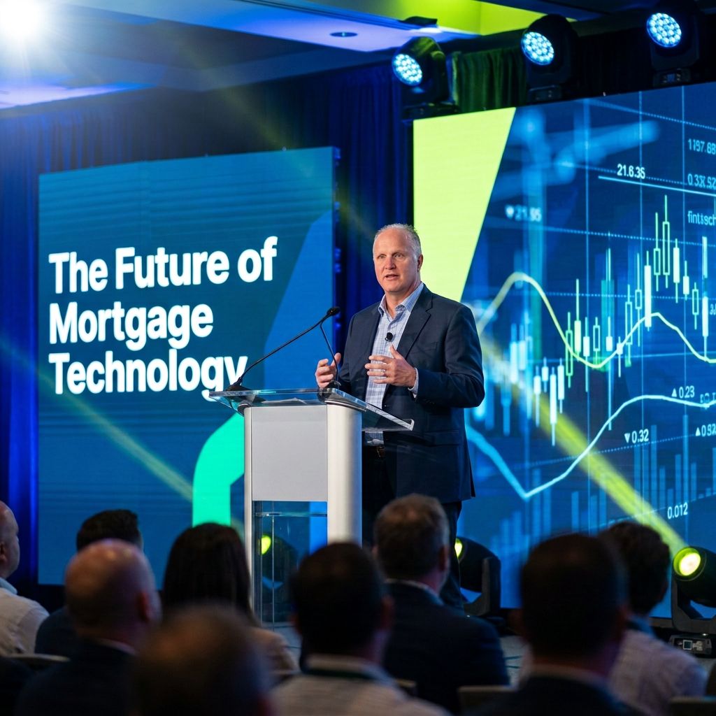 Michael Hammond speaking on stage at a mortgage technology conference