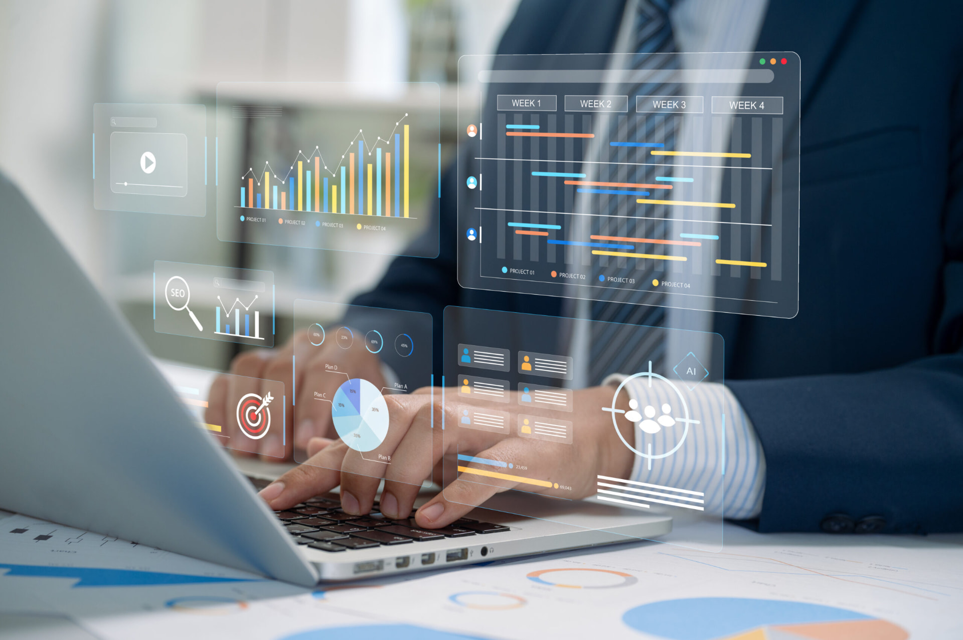 Marketing analytics dashboards with growth charts and campaign metrics